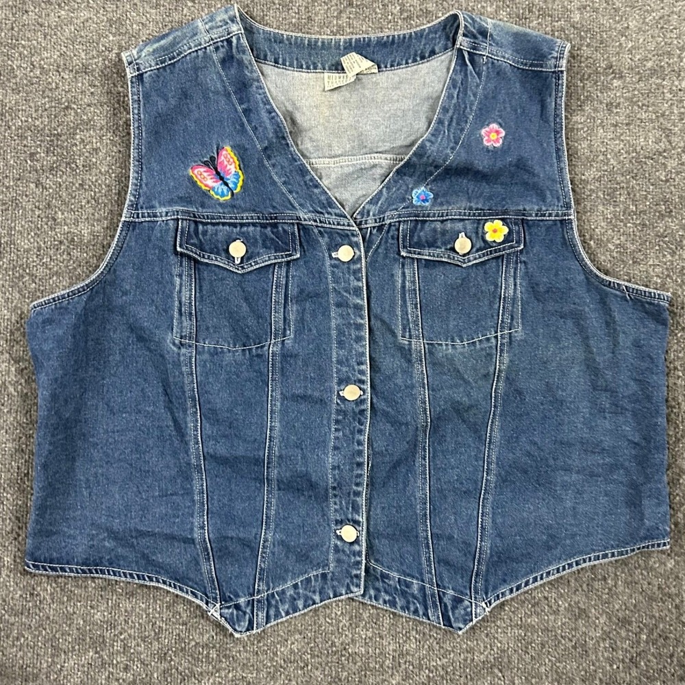 Midwest Traders Vest Womens Size 22W Blue Denim Butterfly Embroidered Button Up